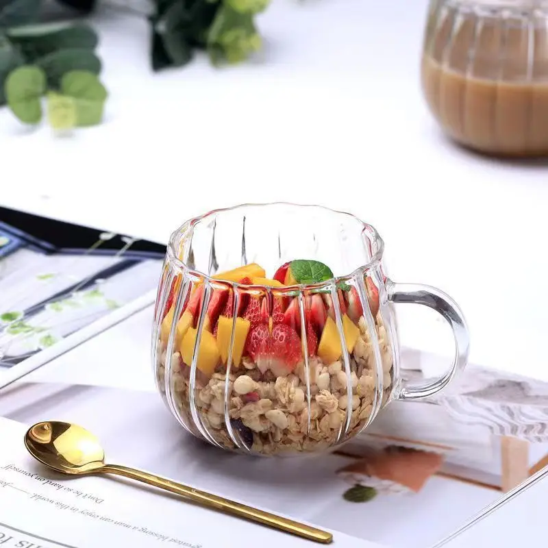 350ML Pumpkin Shape Glass Coffee Cup With Handle Striped glass cup