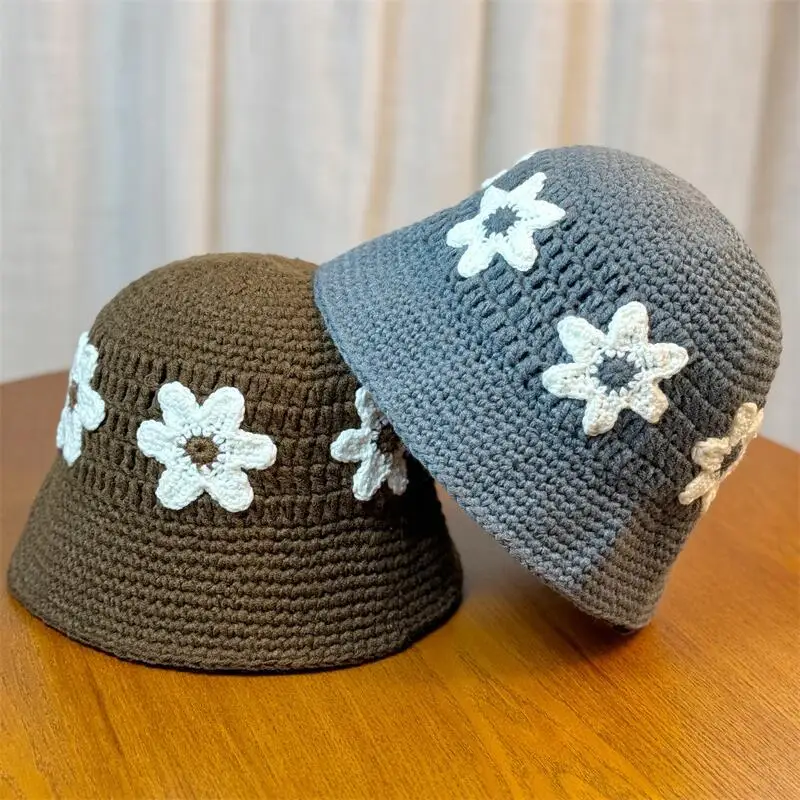 2024 Flower Crochet Bucket Hat Women Summer Handmade Knit Beanies INS Fashion Panama Cap
