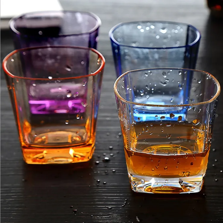 Promotional crystal cut whiskey glass machine made etched whiskey glass ice whiskey glass with color base