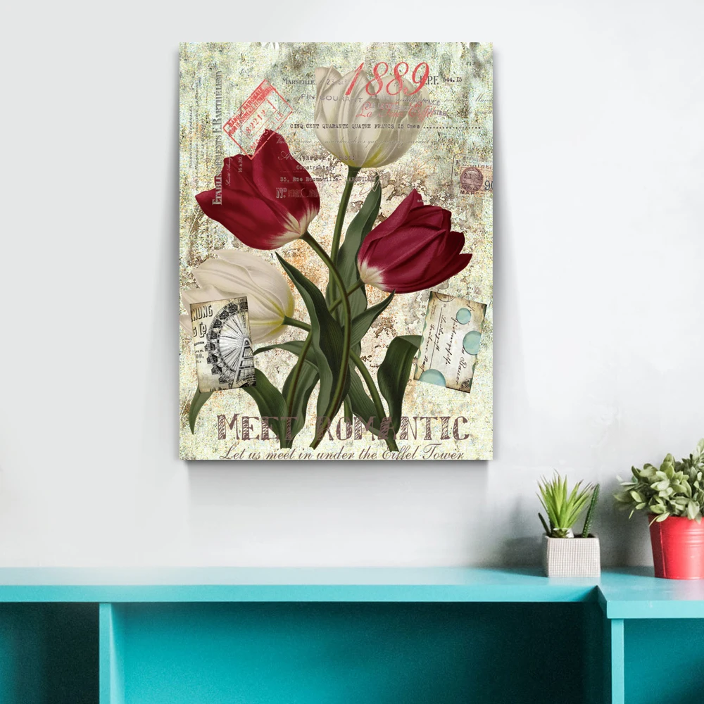 Impressional Paris Art wooden picture frame flower series  canvas oil painting For Room Decoration