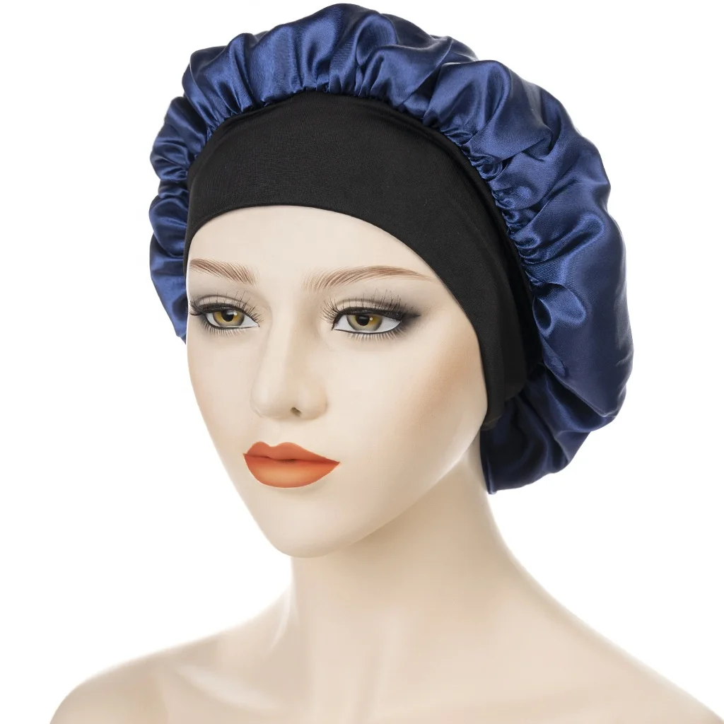 Wholesale Custom Two Tone Head Cover Adjustable Satin Cap Wide Elastic Band Night Sleeping Cap Satin Hair Bonnets For Sleeping