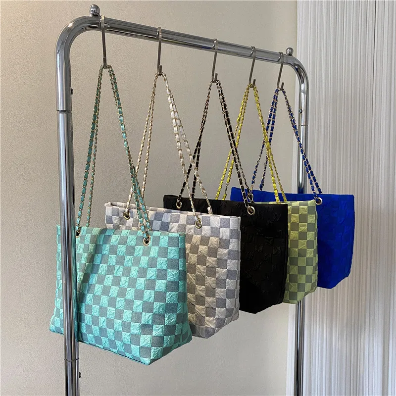 Wholesale Cheap Large Capacity Plaid Checkered Tote Shoulder Bag With Chain Strap For Girls Ladies Office Bag