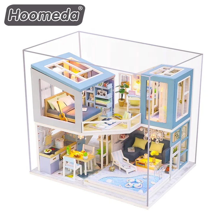 Wholesale DIY mini Wooden dollhouse miniature with light and furniture for holiday gift