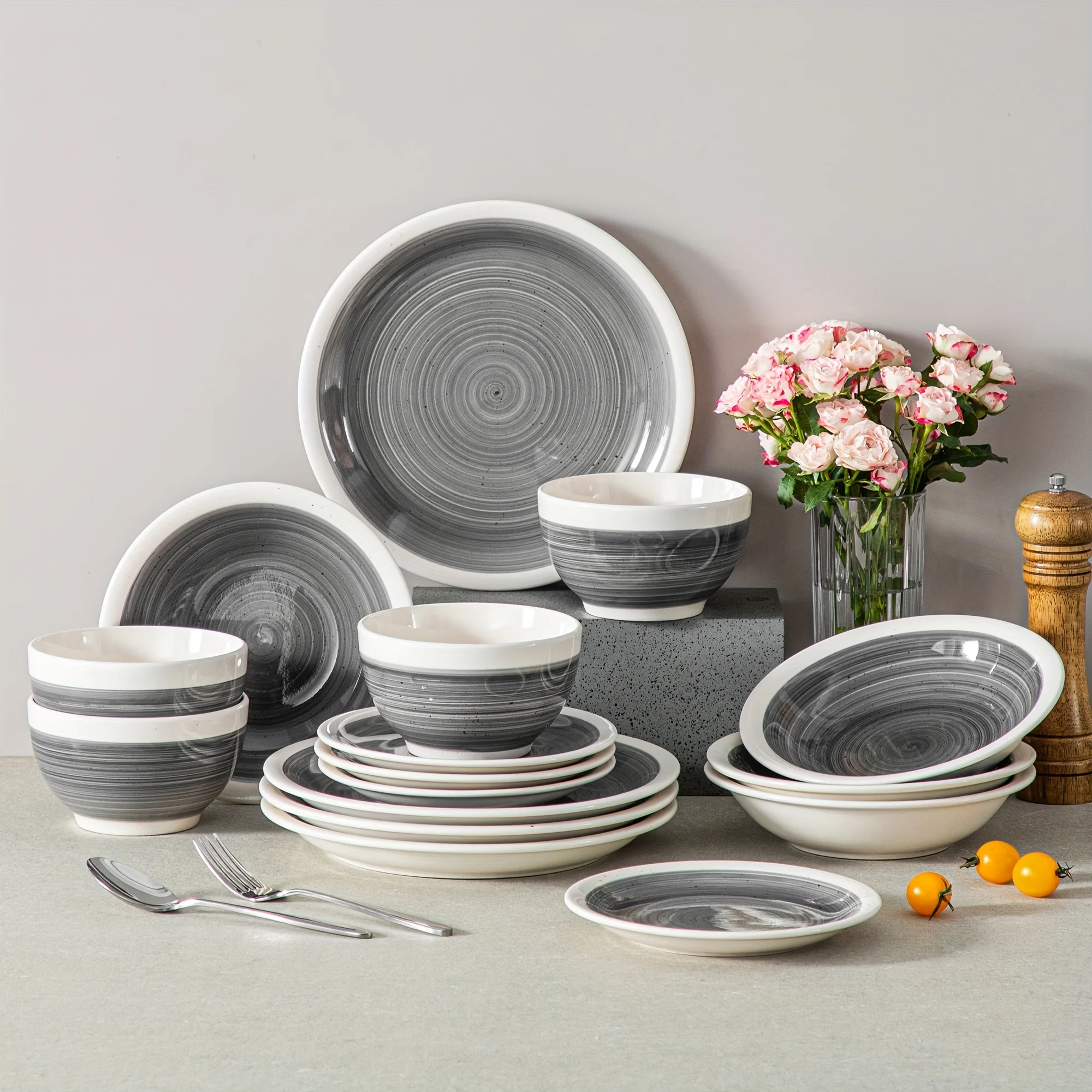 16 Piece Gray Tableware Ceramic Plate Bowl Cup Set Home Party Picnic