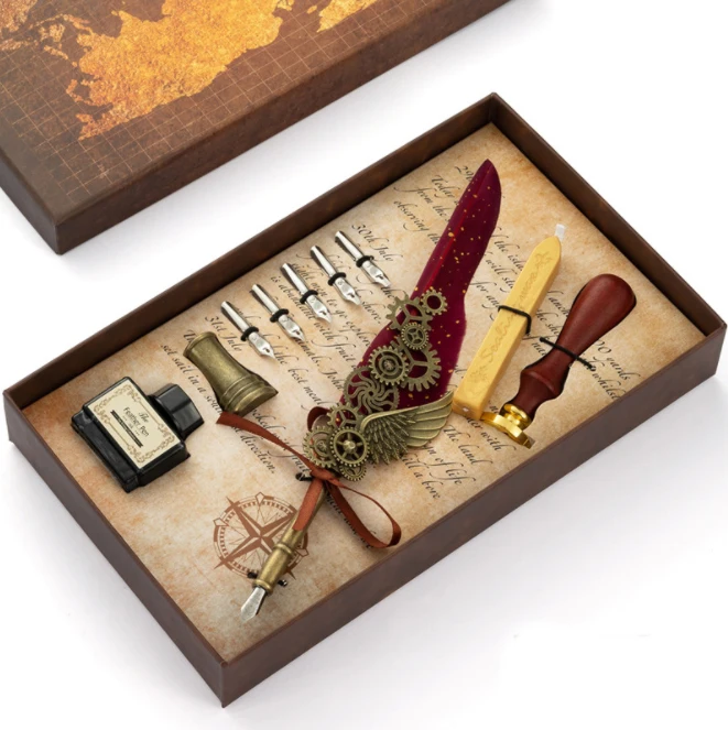Antique Refillable Feather Quill Pen Calligraphy Writing Dip Pen Ink Set With Wax Stamp Sealing Wax