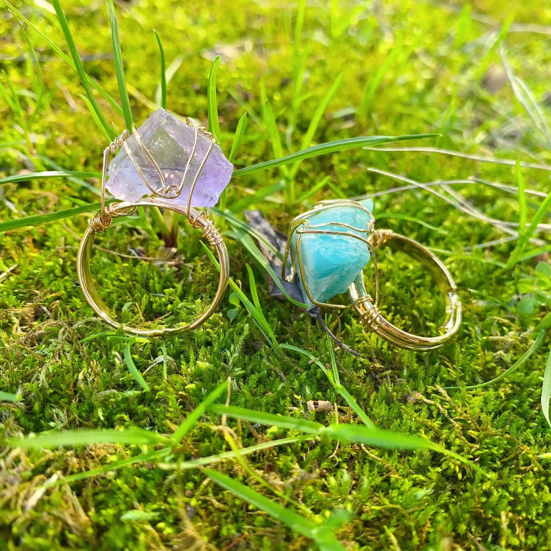 Custom Natural Stone Amethyst Raw Stone Blue Crystal Ring DIY Crystal Stone Live Rose Quartz Raw Ore Wire Wrap Ring For Women