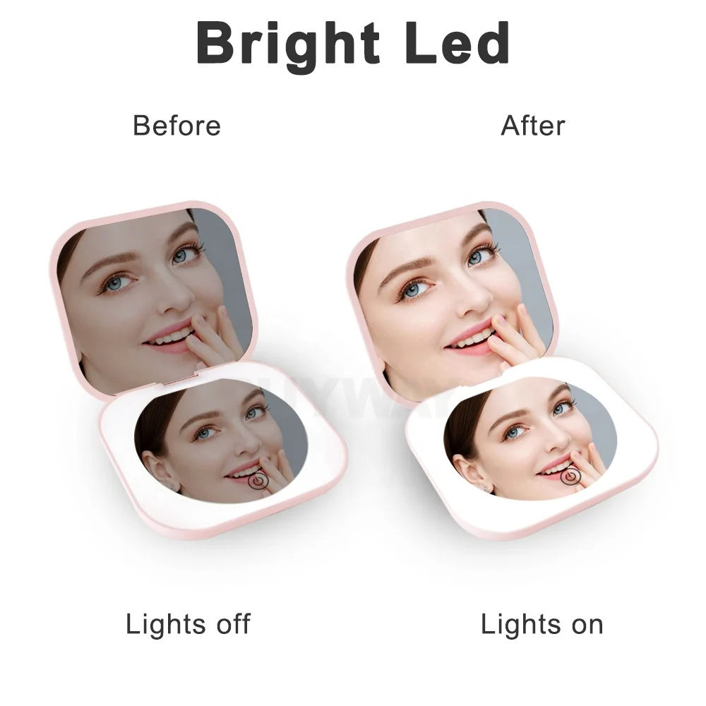 1x 10x Wholesale OEM Handheld Mirror Private Label Compact Pocket Mirror LED Lights Travel Small Portable Espejo Makeup Mirror