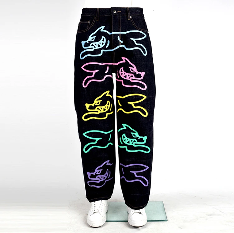 custom selvedge graphic denim jeans baggy straight fit leg black screen printed men jeans