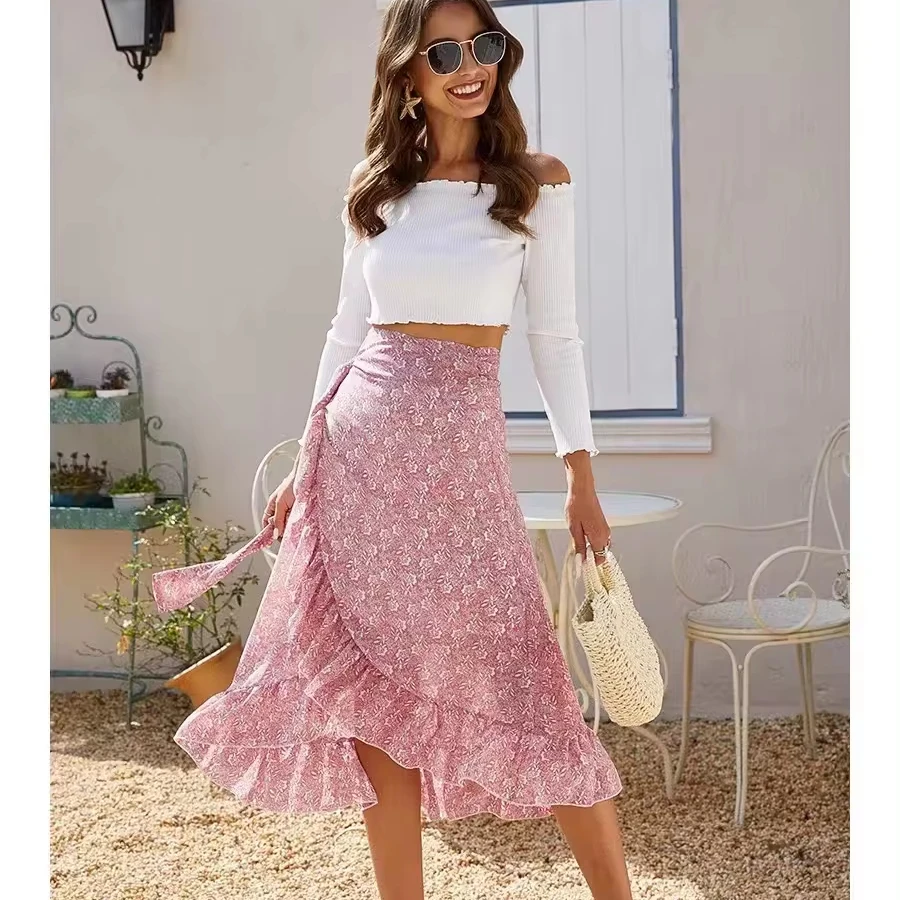 Irregular chiffon floral skirt with straps and slits