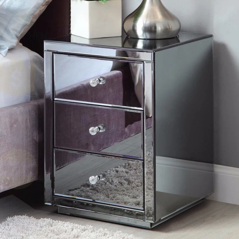 Three Drawers Modern Grey Glass Mirrored Bedside Table