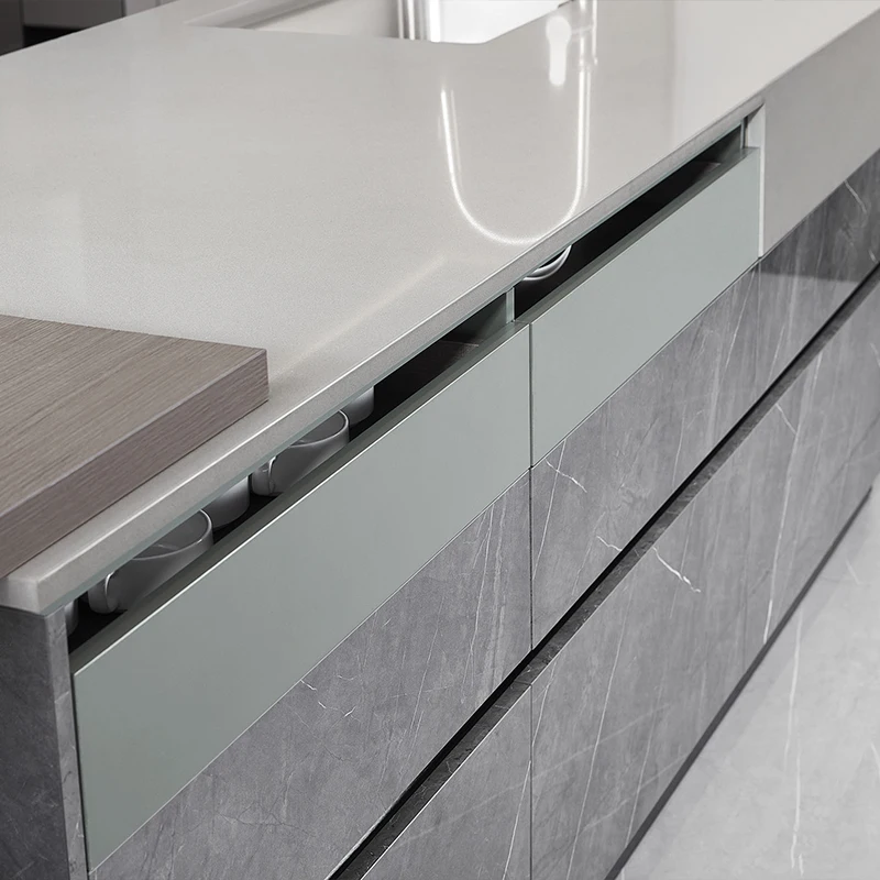 Oppein Modern Design Quartz Countertops Green Lacquer High Glossy Gray Kitchen Island Kitchen Cabinets