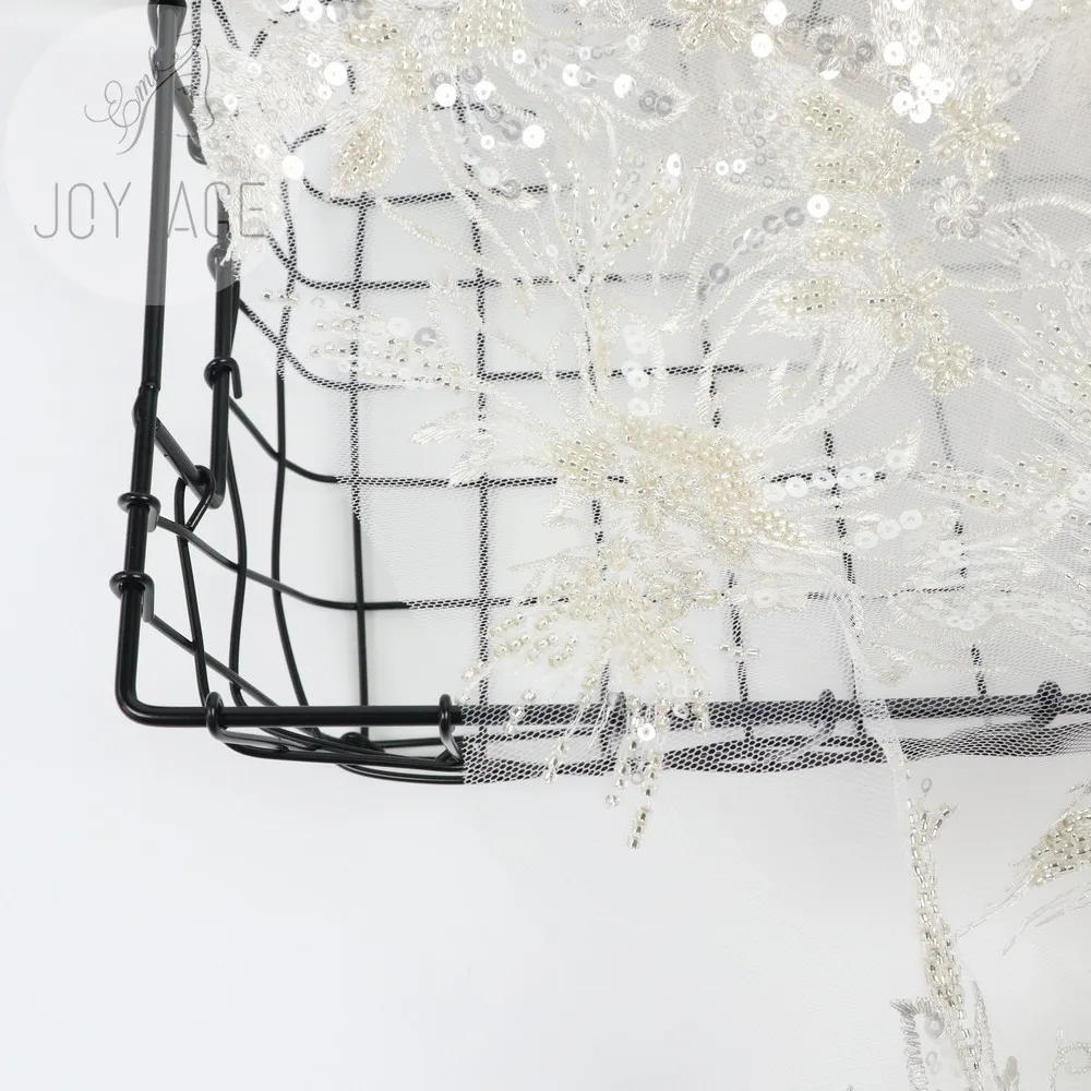 Office White 3d Flowers Tulle Heavy Sequined And Pearl Beaded Embroidery Border Laces Fabrics For Bridal Gown Clothing