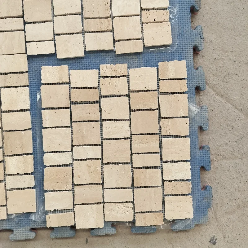 Beige Travertine Mosaic Tiles Rough Cut Mosaic Pattern For Wall