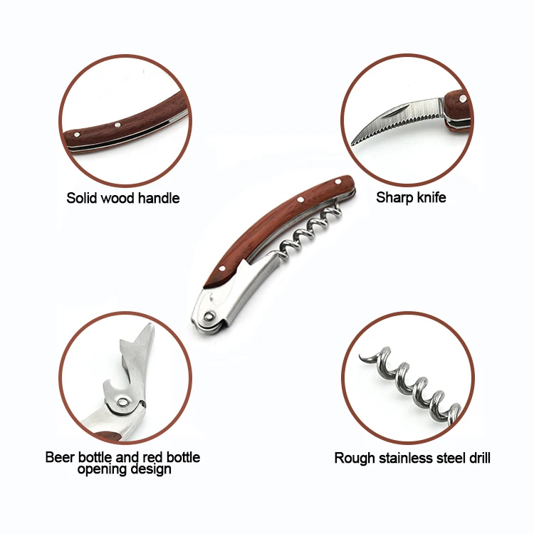 Double Hinged Waiters Corkscrew Spiral Wine Bottle Opener with Red Rose Wood Handle