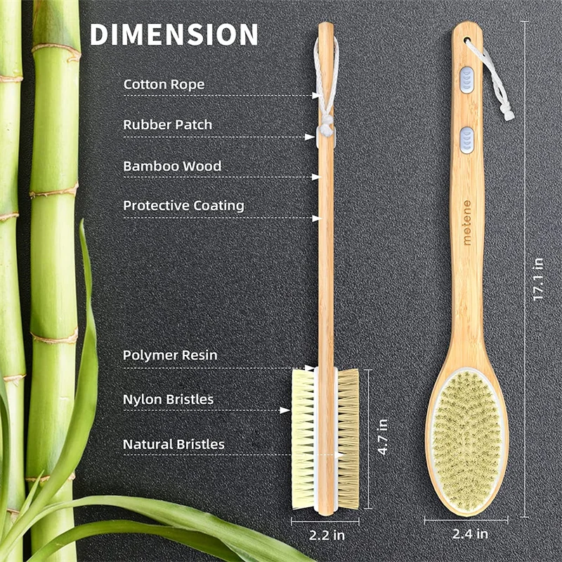 Bamboo Body Brush with Stiff and Soft Natural Bristles, Back Bath Brush for Shower with Long Handle, Dual-sided Brush Head