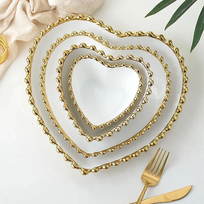 Fruit Bowl Tableware Handmade Green Colorful Ceramic Bowl with Gold Heart Shaped White DinnerWare Ceramic Sets