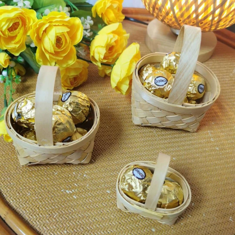 Wood Chips Set Of 3 Woven Storage Basket With Leather Handles Rattan Sundries Basket