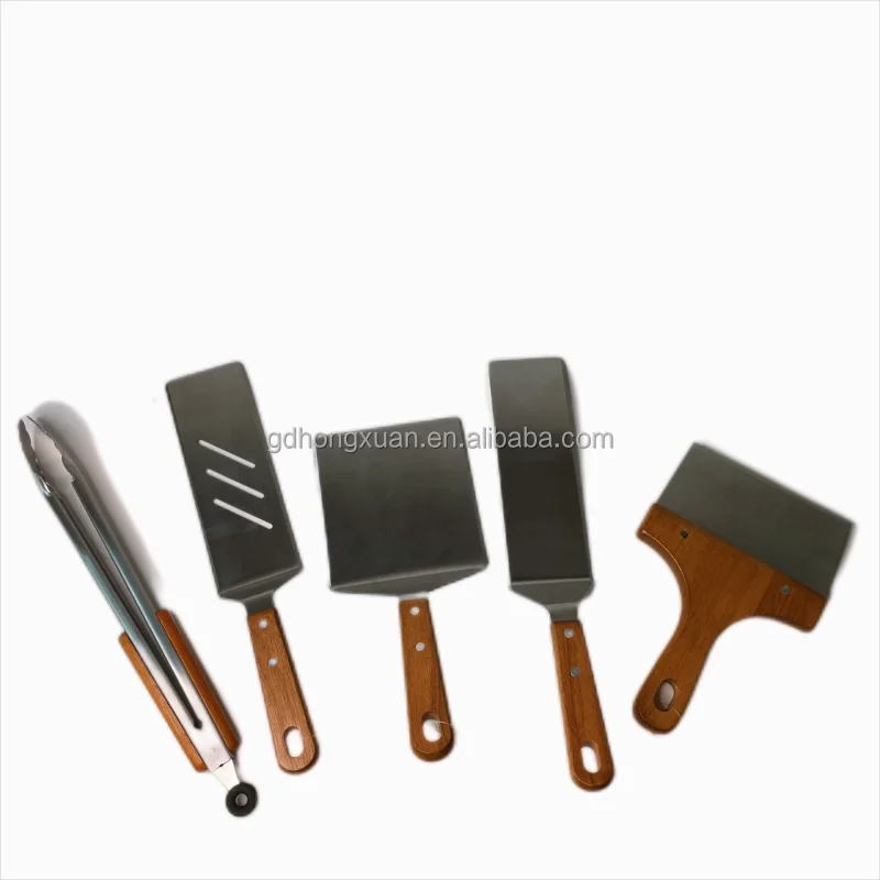 Solid wooden handle grilling teppanyaki tools set extra thick spatula scraper tongs stainless steel  hamburger pizza turner