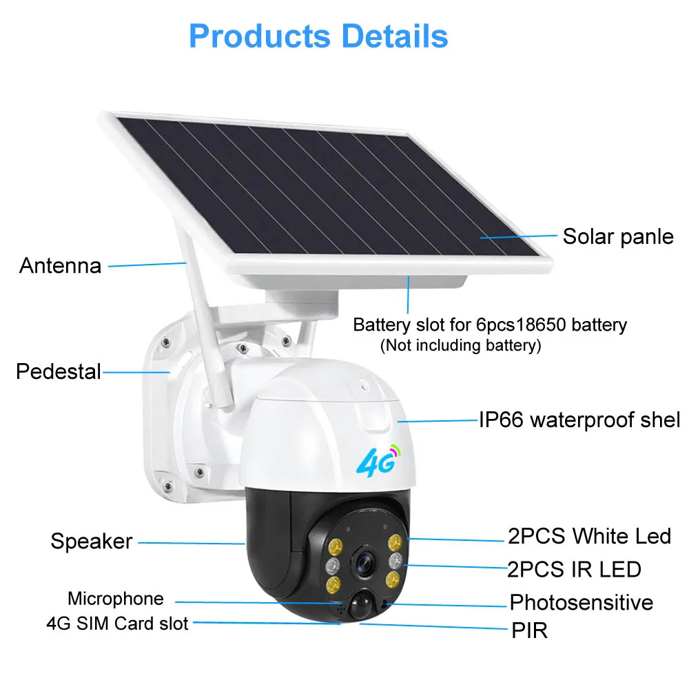 QEARIM solar battery powered outdoor security camera Low power PIR detection ICSEE 3g 4G LTE Sim card solar ip camera