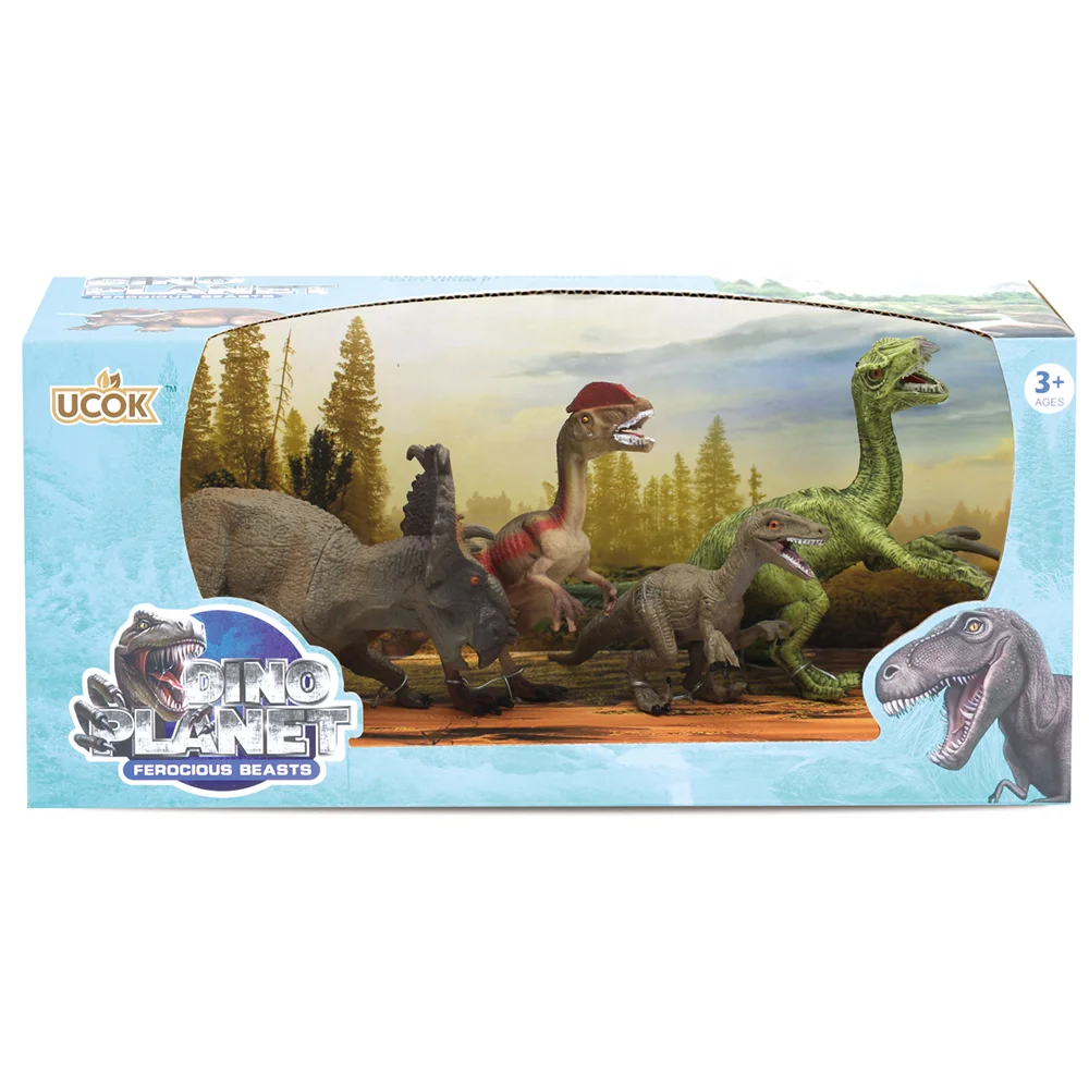 
4-Pieces Dinosaur Playset, Plastic Toy Animal Figurine Children gift home decorate with window box 
