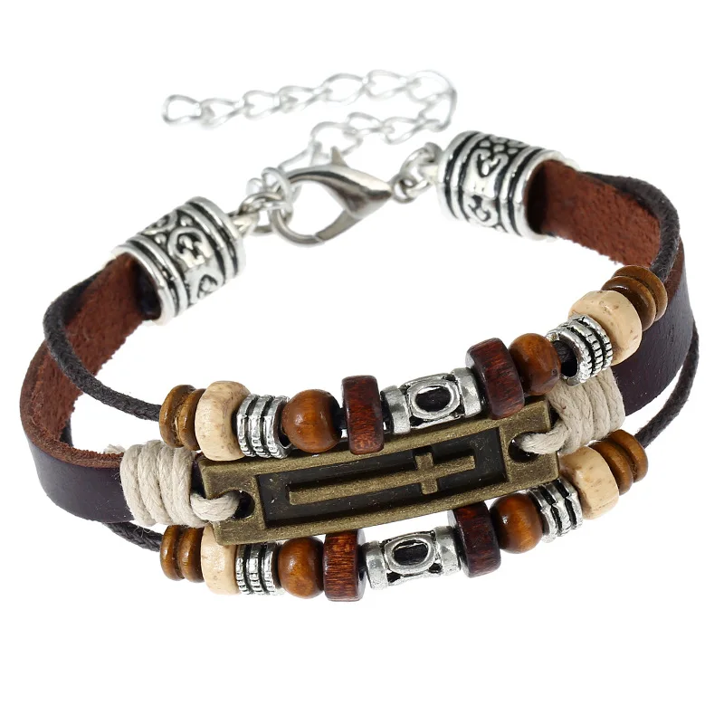 Religious Leather Beaded Bracelet Cross Charm Metal Plate Leather Bracelet With Extending Chain