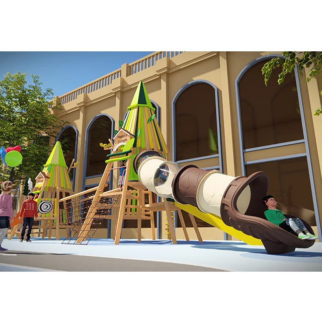 COWBOY Preschool Outdoor Design Children Playground Wooden Custom Playground Slides Climbing Nets For Kids