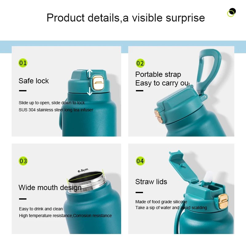 Customized Logo Large Capacity Sport Straw Flask Vacuum Stainless Steel Water Thermo With Handle Thermal Bottle