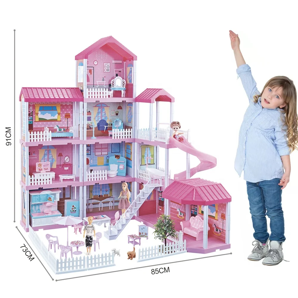 Pretend Play Girl Princess Toy Accessories Furniture DIY Assembly Plastic Big Size Dream Doll House with Boy and Girl Doll