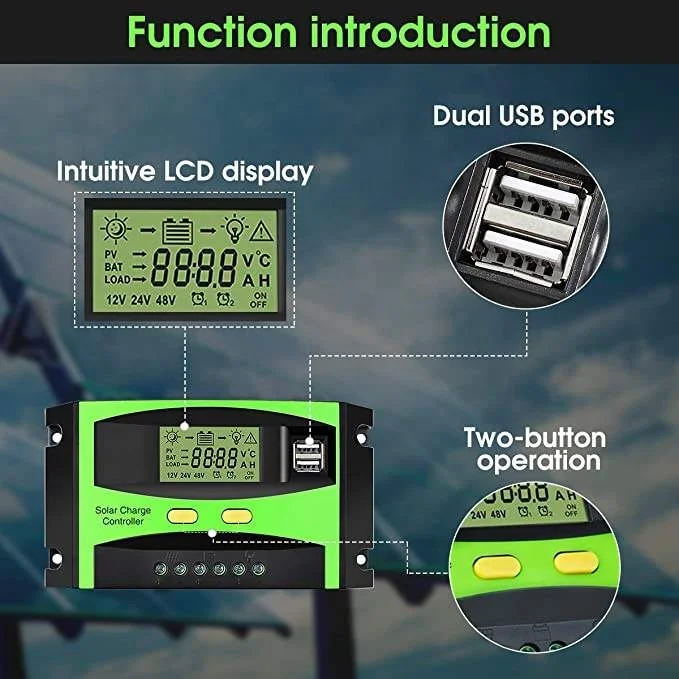 LCD DisplayPWM Battery Charging30A 60A 80A Solar Panel Charging Controller 12/24/36/48V PWM Solar Charging Controller
