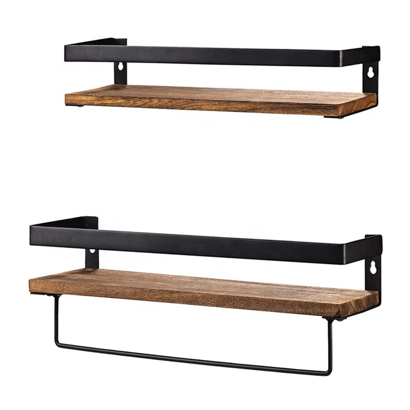 Rustic brown set of wood display wall shelf with removable towel bar bathroom storage shelves wall mounted floating