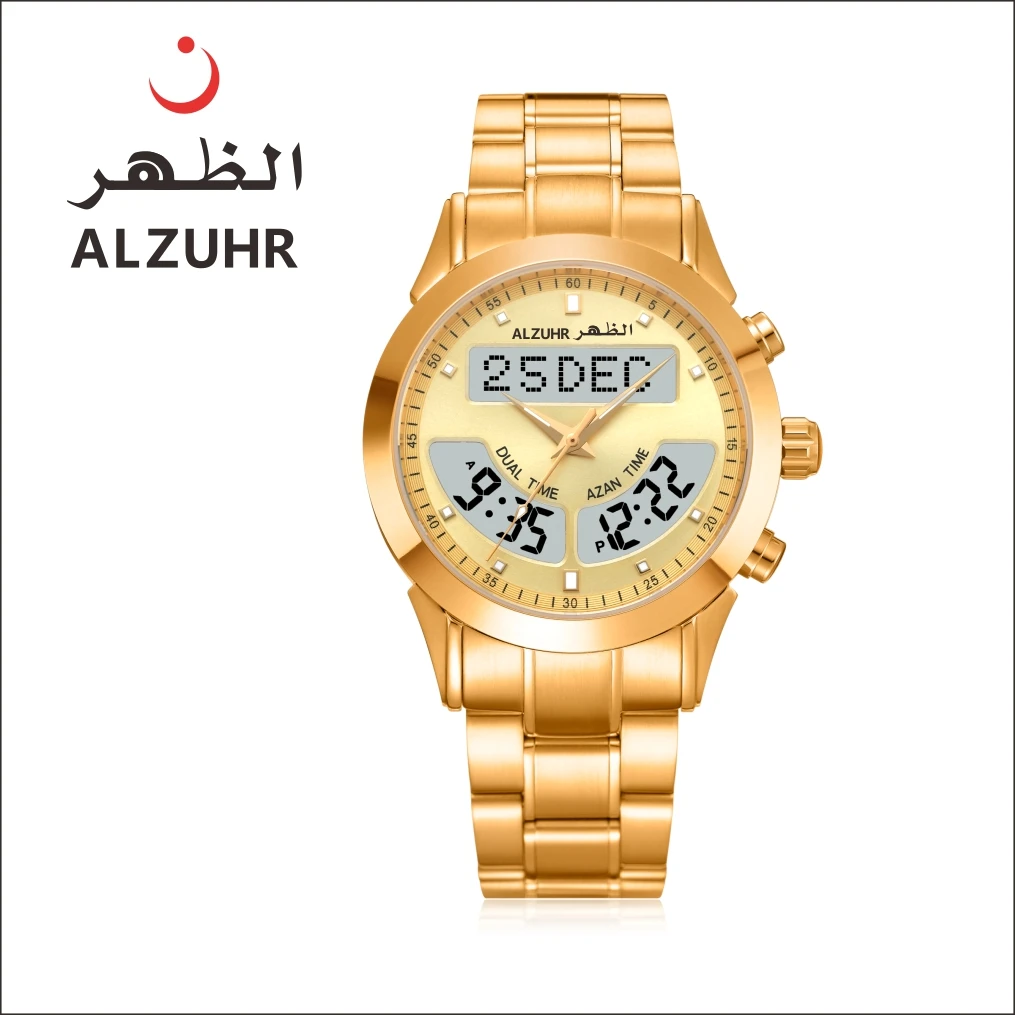 Golden stainless steel azan al fajr qibla direction digital clock muslim Men Jam Tangan Watches ALZUHR602