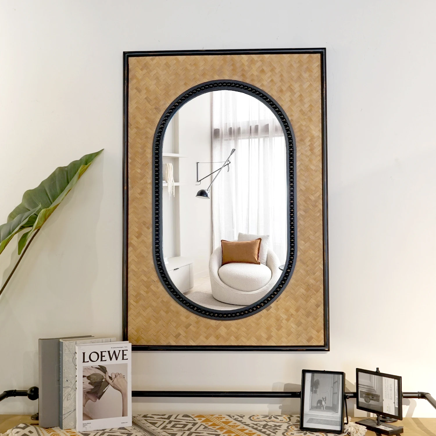 Wholesale Large Custom Handmade Bamboo Weaving Wood Framed Wall Mirror Home Living Room Hallway Oval Art Deco Mirror