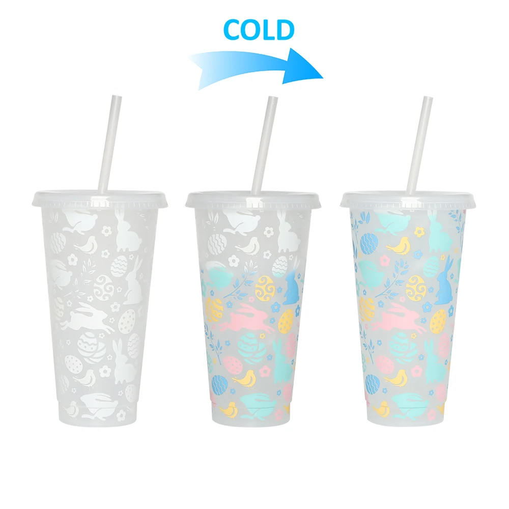 Easter cup plastic cold tumbler 24oz kids gift mug reusable color changing cups with lids straws for party