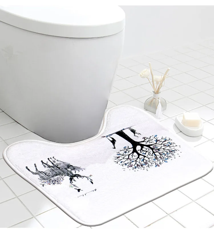 Printing 45*45 CM Polyester Fabric PVC Backing Non Slip U Shape Bathroom Toilet Contour Mat