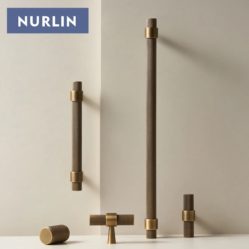 Nurlin Solid Brass Knurled Art Deco Retro Antique Industrial Style Cabinet Wardrobe Drawer Handle T-bar Pull