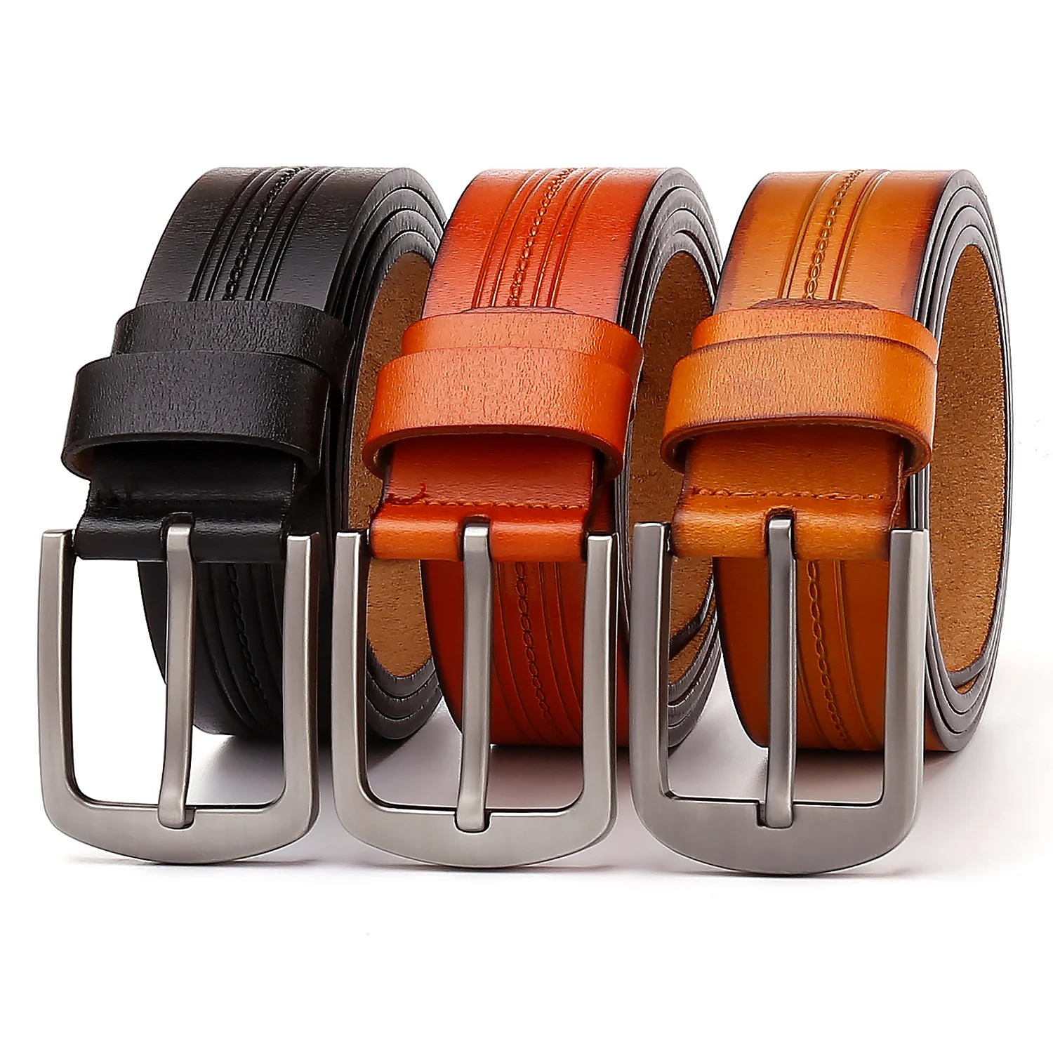 Customized Emboss Logo Factory Wholesale Leather Belt Comfortable Style Men Pin Buckle Genuine Cowhide Leather Belt