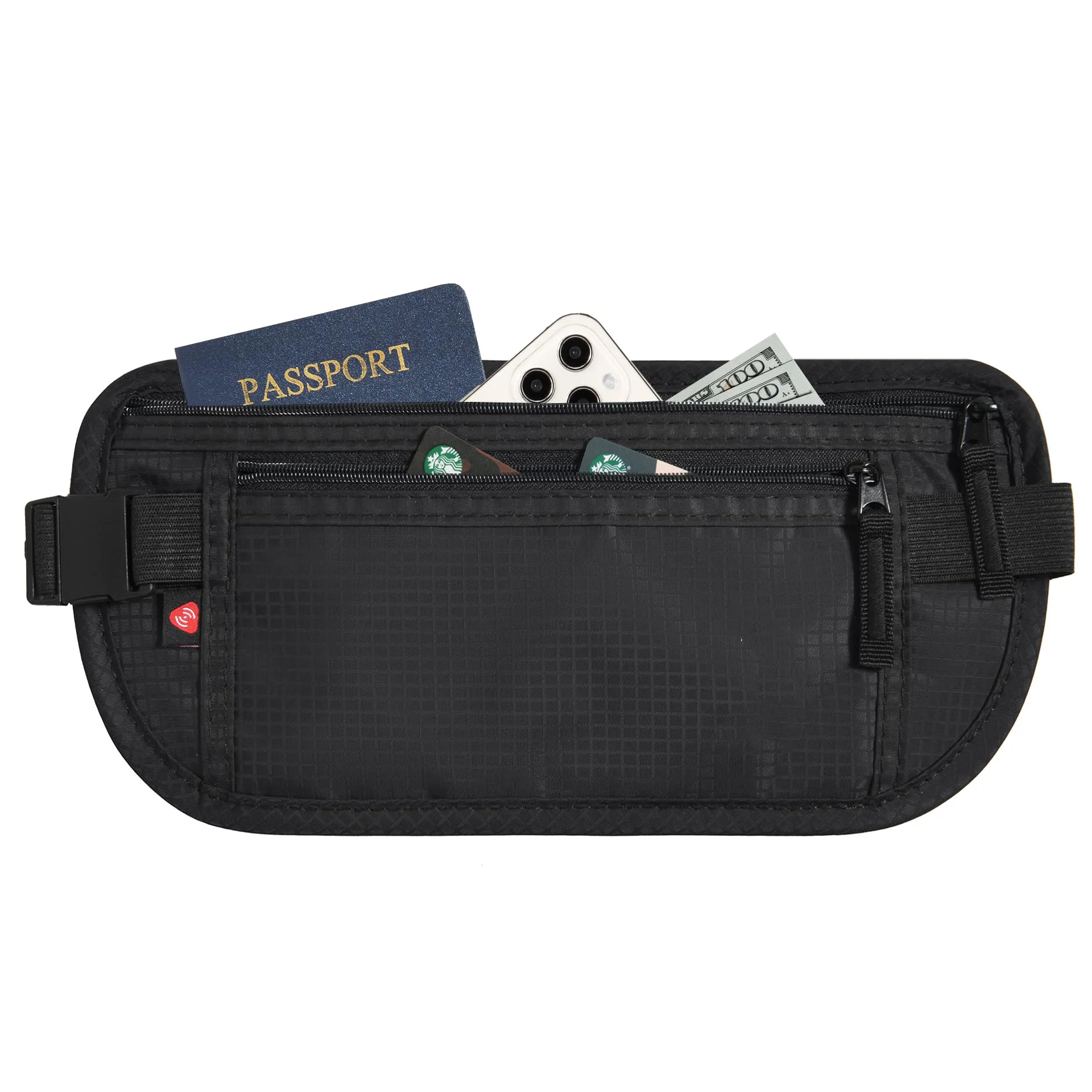 QQgift OEM Custom Travel Slim Passport Holder Secure Hidden RFID Hiking Travel Wallet Fanny Pack Waist Running Money Belt Bag