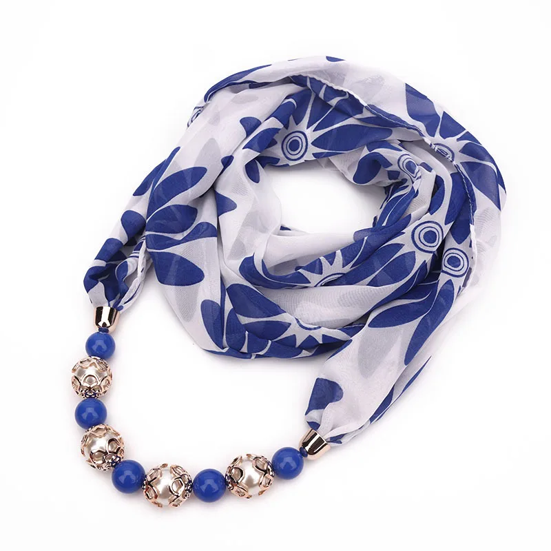 TMF-8R062   Fashionable flower and leaf pattern chiffon scarf for women, luxurious pearl pendant scarf necklace