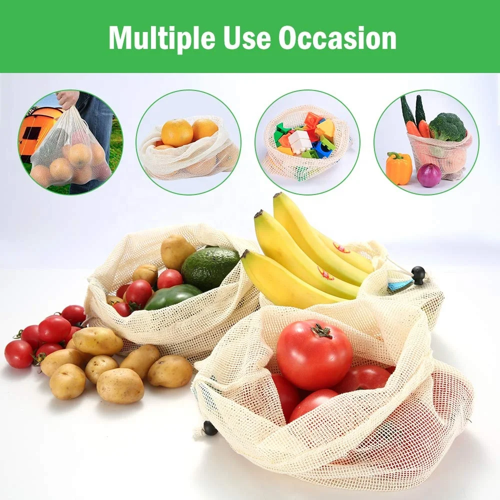 100% экологически чистые многоразовые сетчатые сумки из органического хлопка для фруктов и овощей для супермаркета