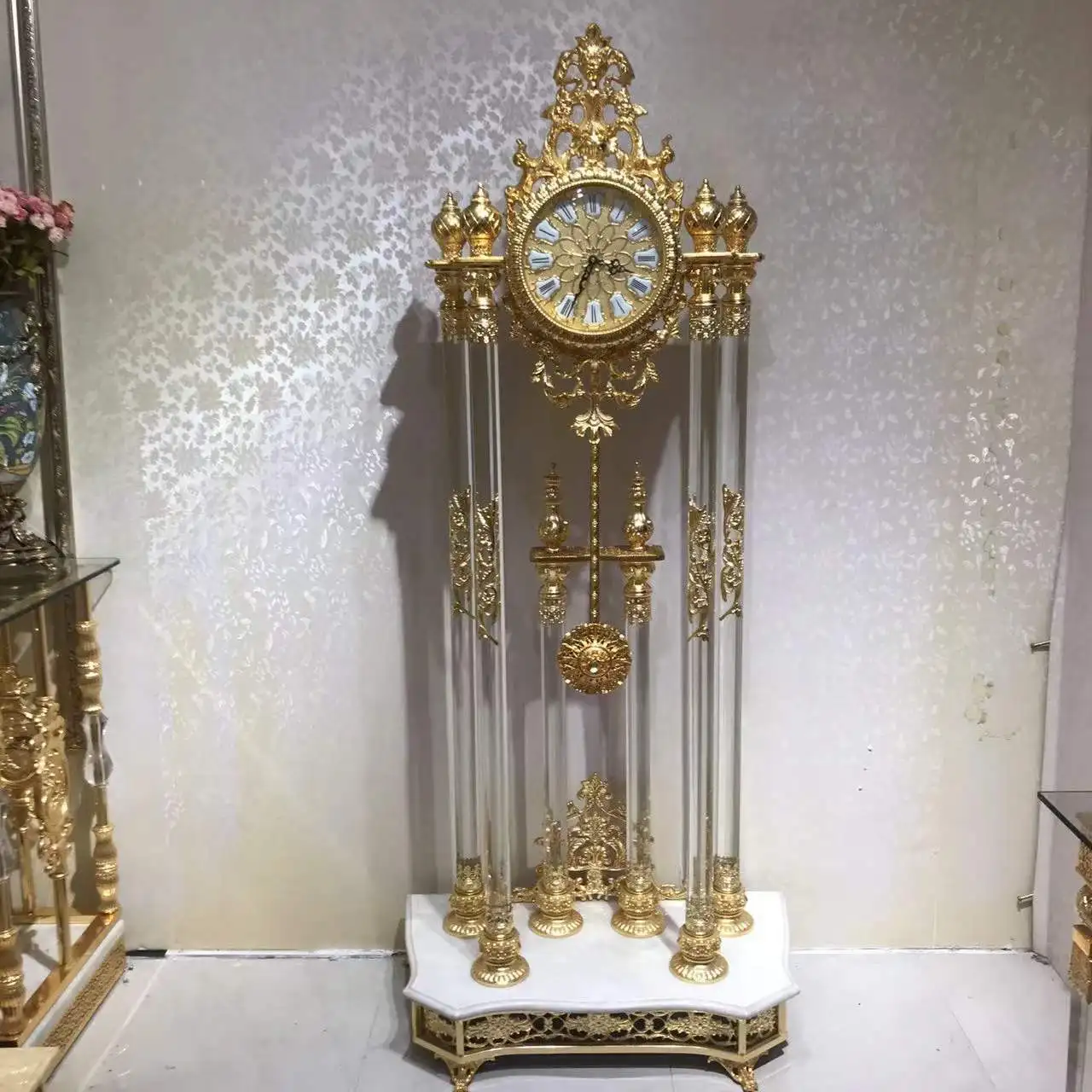 Grandfather Clock Golden Copper Black Crystal Deluxe Antique Floor Antique Royal Clock Floor