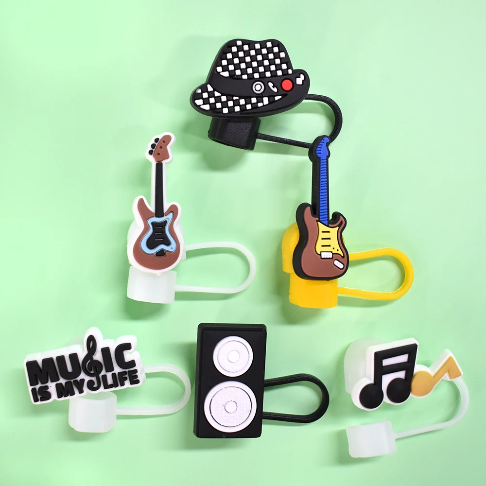 Wholesale Pop Singer Style Pvc 10mm Mold Pvc Rubber Instrument Guitar Musical Notes Straw Cover Fancy Straw Topper For Tumblers