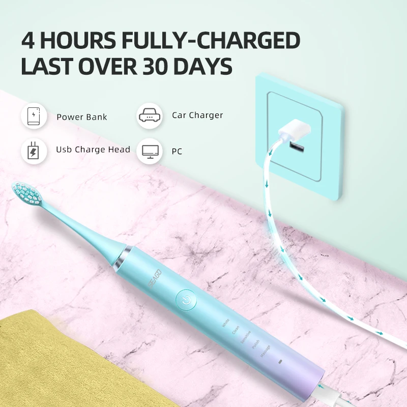 SEAGO 5 Modes Rechargeable Sonic Waterproof Electric Toothbrush Teeth Brush Ultrasonic Tooth Brush with Travel Case for Adult