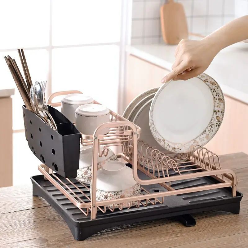 Kitchen Dish Drainer Double-layer Multi-functional Tableware Cup Chopsticks Rack Dish Rack Bowl Rack Space Aluminum Metal Square