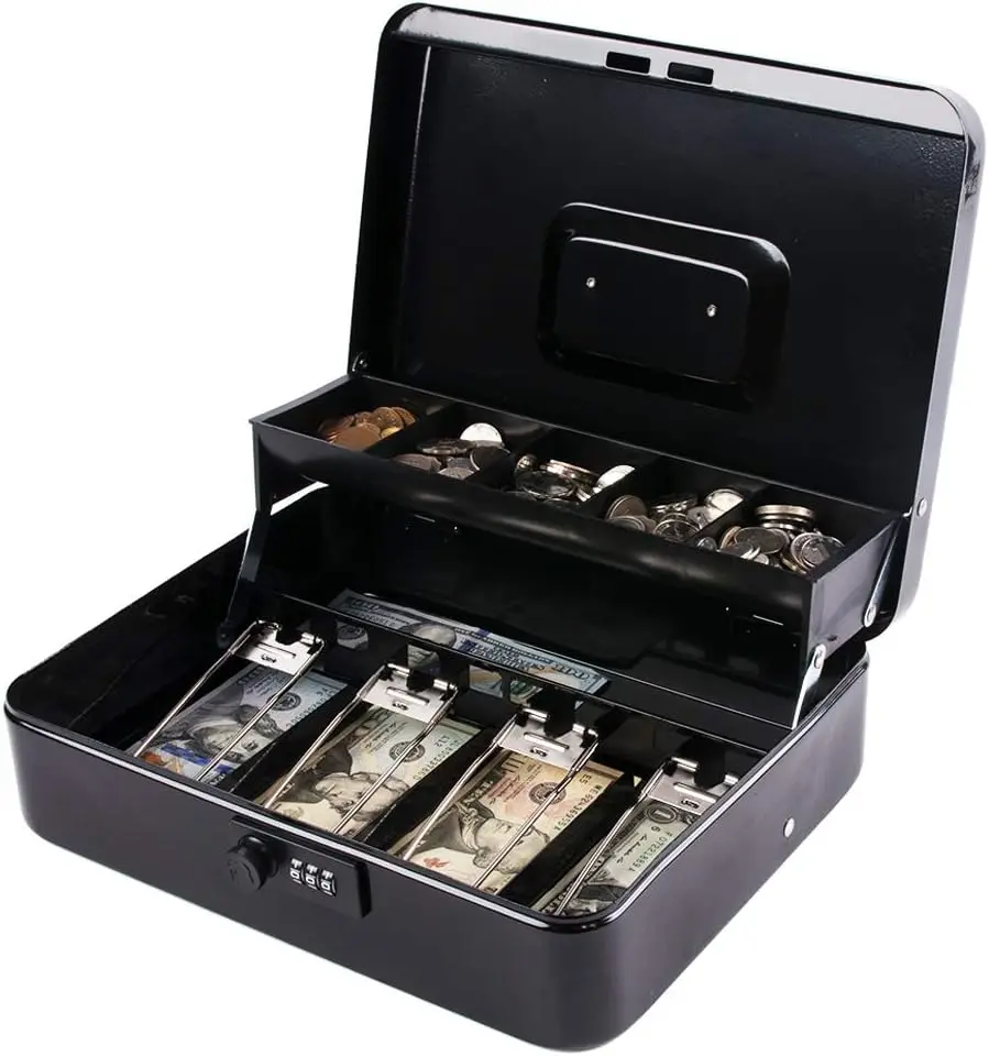 Locking Cash Box with Top Lock Money Box with Cash Tray 4 Bill/5 Coin Slots Lock Safe Box with Key Money Saving Organizer