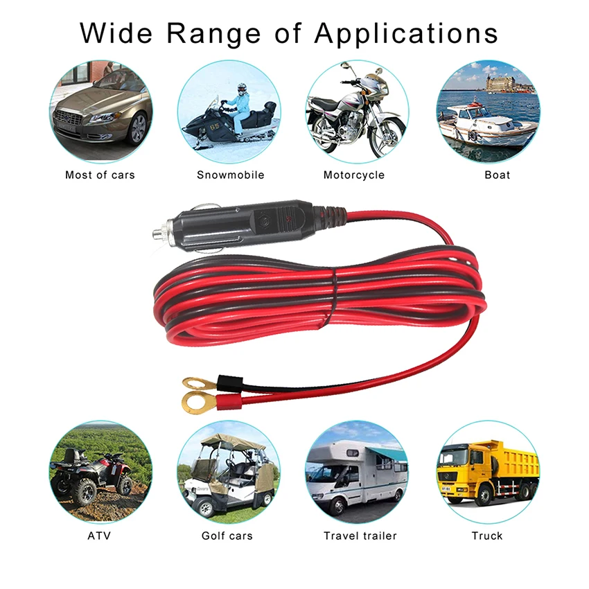 Cigarette Lighter Cord 18Awg Battery Charging 12V Connector O Ring Terminal Extension With 10A Fuse Cable