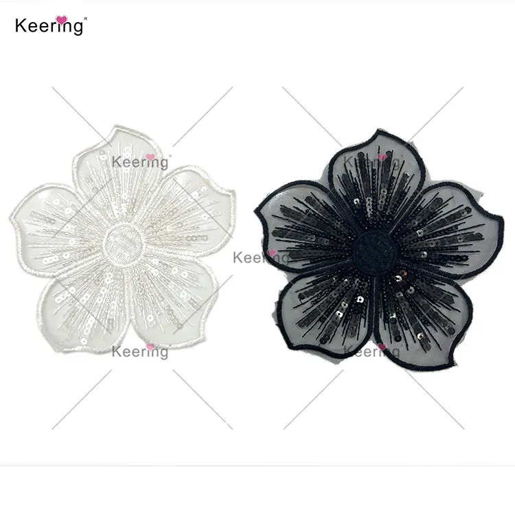 WTP-1534 Keering New Arrive Good Price Fabric Flowers Lace Sequins Beaded Embroidered Flower Trimmings For Dresses