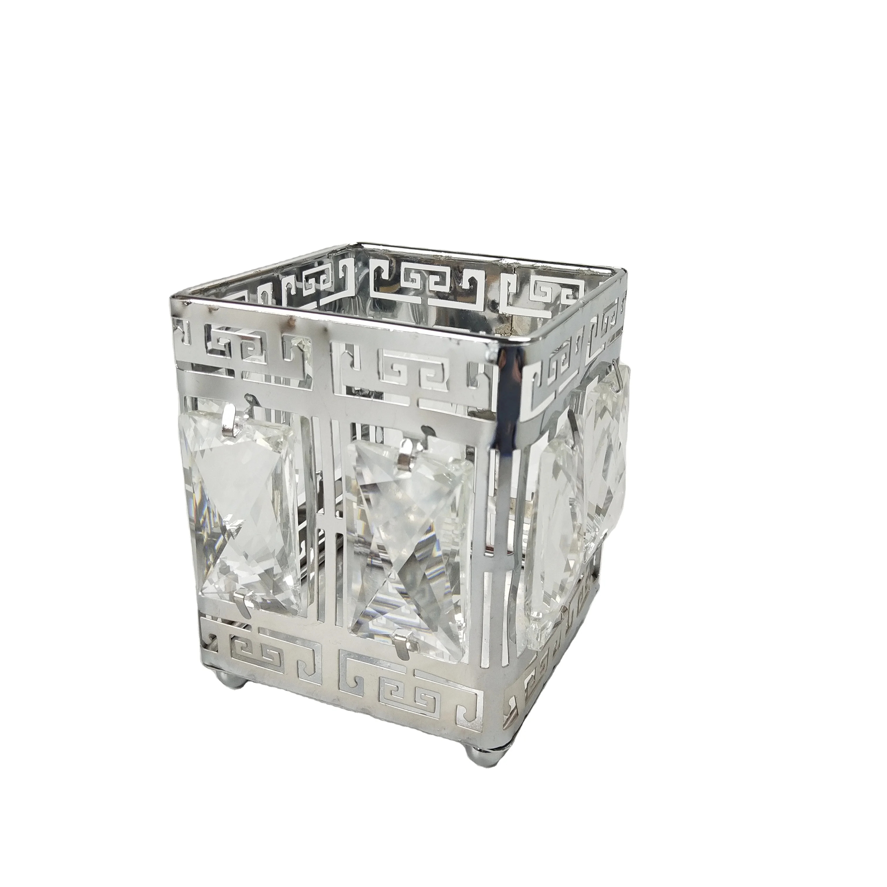Office Desk Organizer Metal Square Silver Crystal Crafts Bathroom Vanities Cosmetic Make up Brush Storage Holder Organizer