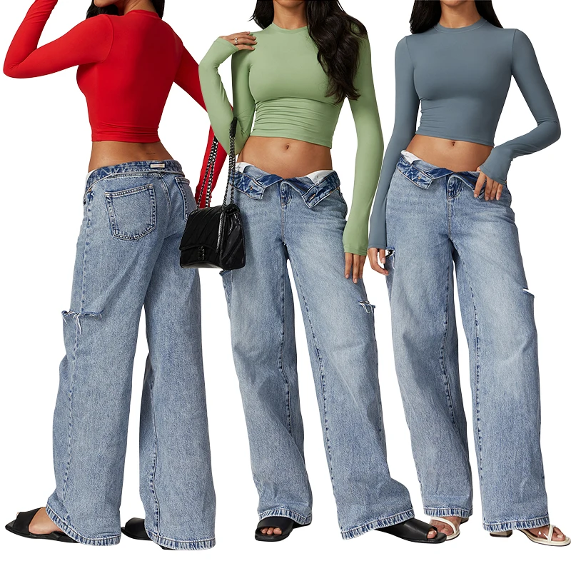 DCX8743 Women Long Sleeve T-shirt Tight Quick-drying Fitness Crop Top Yoga Wear Running Pilates T-shirt