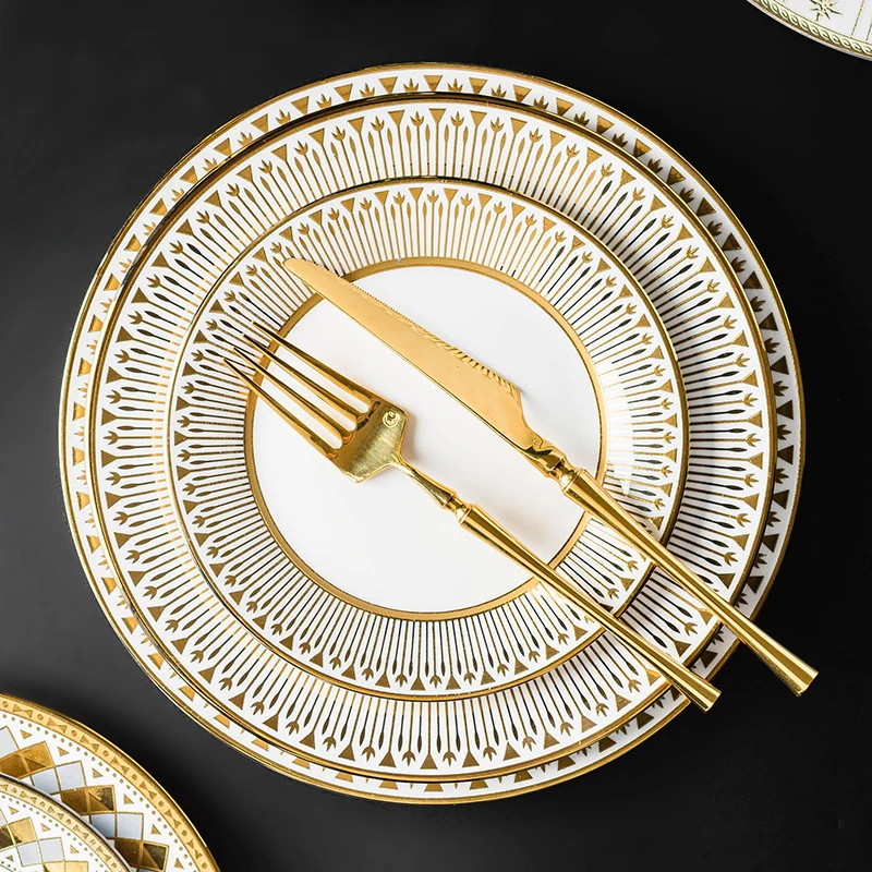 Hotel Restaurant Luxury Dish Set Gold Rim White Ceramic Steak Pasta Plates Food Dinner Plate