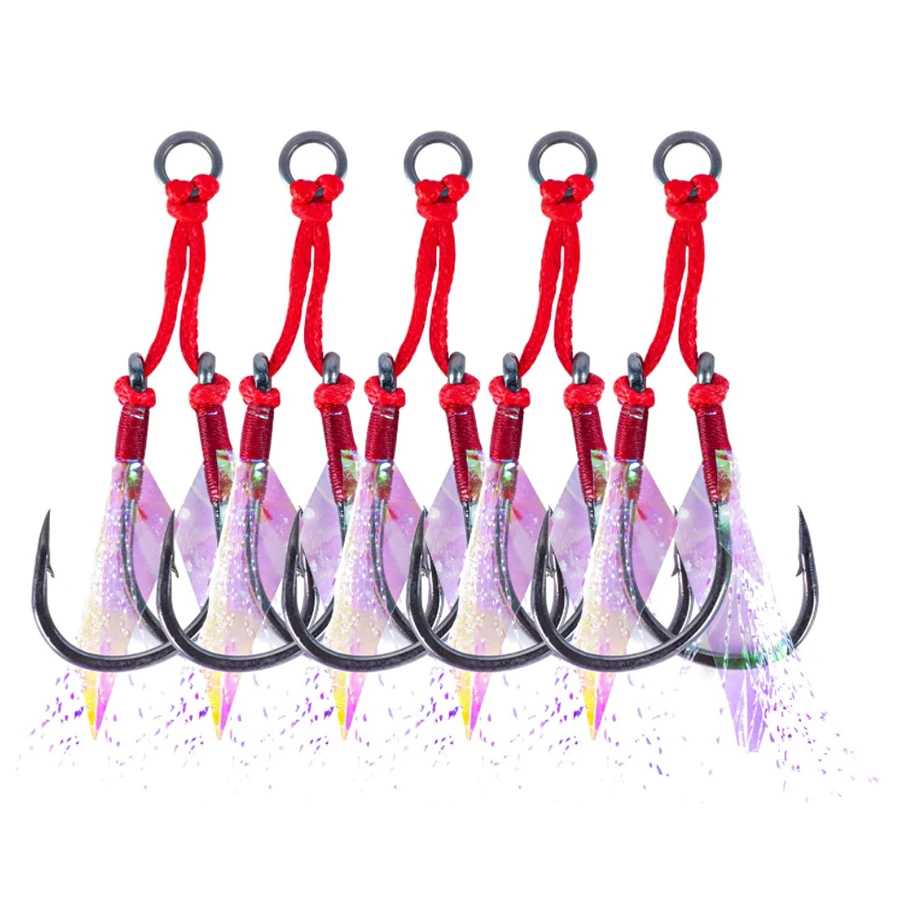 5pcs 1/0 2/0 3/0 4/0 Saltwater Fishing Glow Luminous Jigging Seed Jig Assist Hooks with Feather
